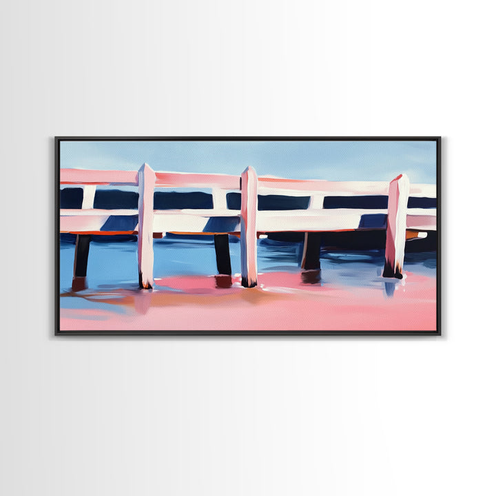 Dock, Reflections, Landscape Art, Nautical Decor, Serene Water Painting, Framed Canvas Print, Minimalist Seaside Art, Blue Pink Aesthetic