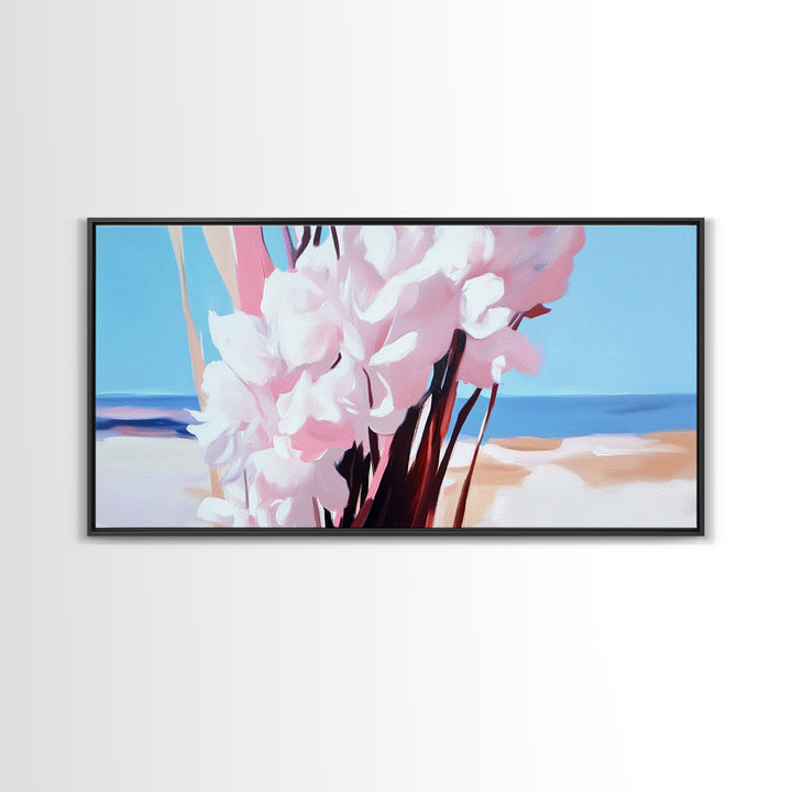 Coastal Flowers, Beach House Art, Pink Blossom Painting, Nature Wall Art, Minimalist Decor, Framed Canvas Print, Modern Living Room