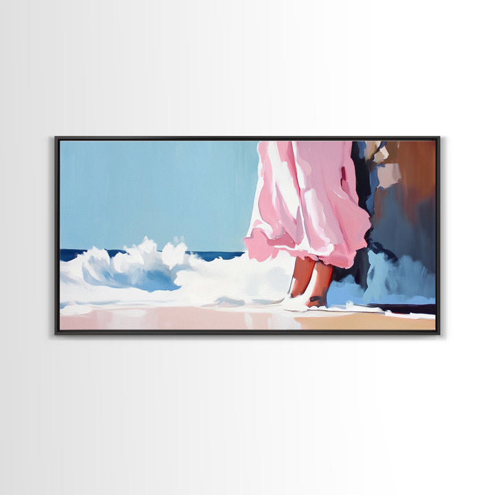 Ocean Breeze, Pink Dress, Coastal Art, Modern Seascape, Minimalist Wall Art, Living Room Decor, Beach Aesthetic, Canvas Print