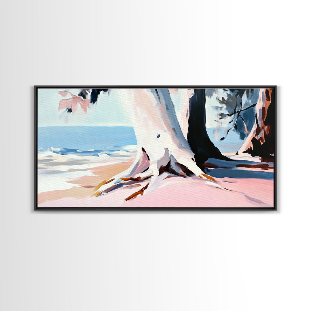 Beach Tree, Coastal Roots, Modern Nature Art, Minimalist Seascape, Living Room Wall Art, Tranquil Landscape, Canvas Print