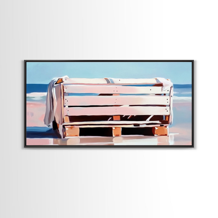 Beach Crate, Coastal Chic, Minimalist Seaside Art, Relaxing Ocean Decor, Modern Nautical Aesthetic, Living Room Wall Art, Canvas Print