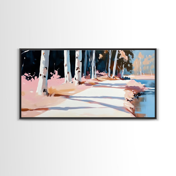 Birch Path, Autumn Landscape, Tranquil Nature Art, Minimalist Forest Print, Warm Neutral Tones, Living Room Wall Art, Canvas Print