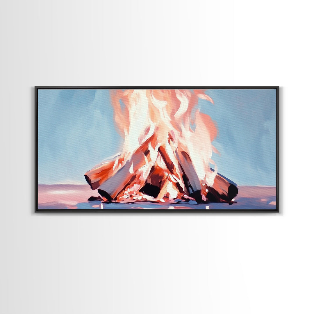 Bonfire, Evening Flames, Warm Wall Art, Fall Aesthetic, Cozy Cabin Decor, Minimalist Nature Art, Framed Canvas Print, Gift Idea
