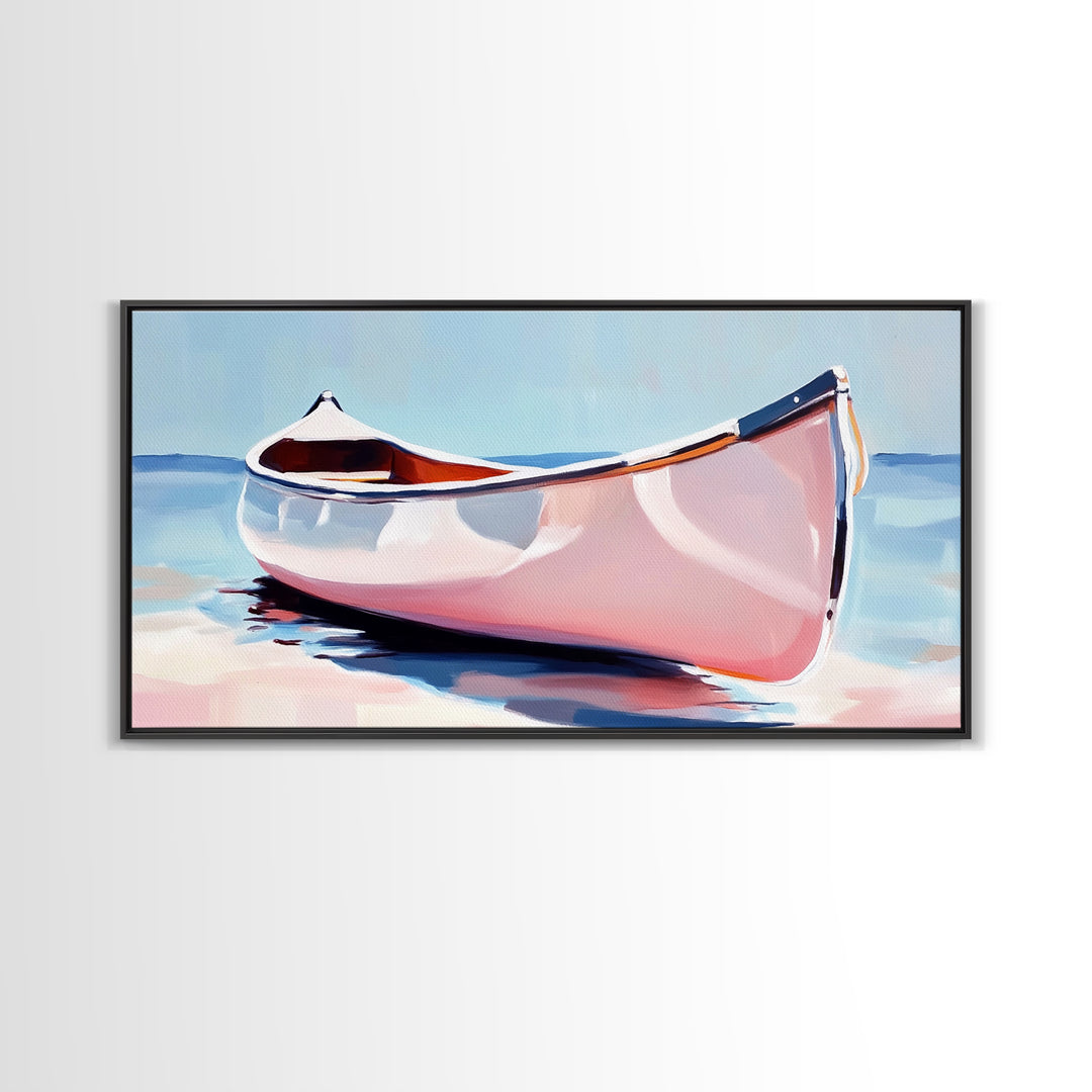 Canoe, Calm Waters, Minimalist Wall Art, Boho Adventure Decor, Nature Inspired Artwork, Lake House Aesthetic, Framed Canvas Print
