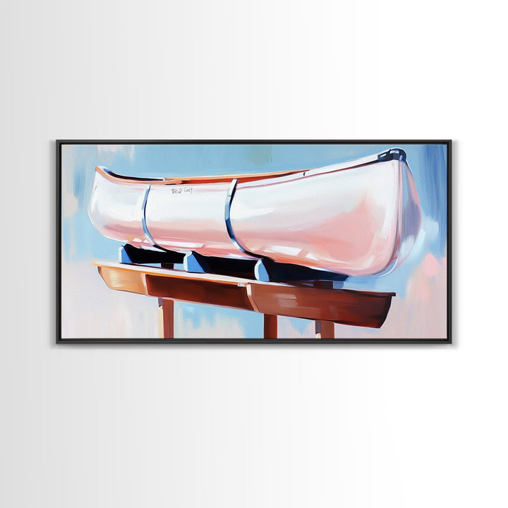 Canoe, Dockside View, Rustic Adventure Art, Cabin Wall Decor, Nature Inspired Aesthetic, Outdoor Enthusiast Gift, Framed Canvas Print