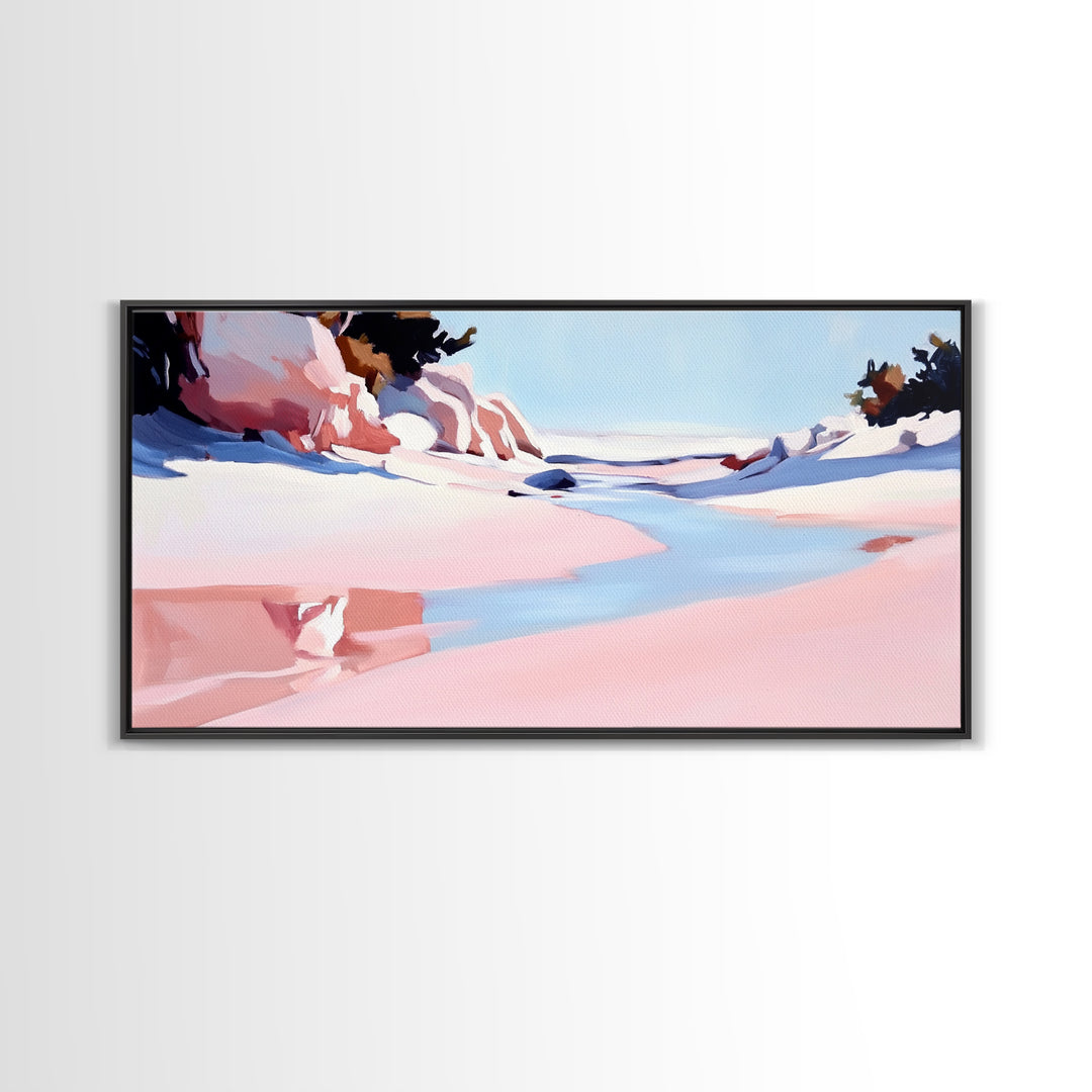 Desert River, Pastel Landscape, Western Aesthetic, Minimalist Nature Art, Boho Home Decor, Serene Wall Art, Framed Canvas Print