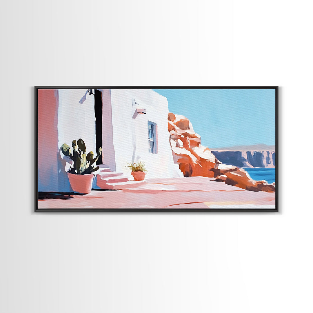 Cliffside House, Mediterranean Wall Art, Travel Print, Santorini Inspired Decor, Minimalist Aesthetic, Framed Canvas Print, Living Room
