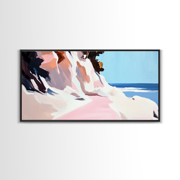Coastal Path, Beach Cliffside Art, Ocean Landscape Print, Tranquil Summer Wall Art, Minimalist Pastel Decor, Framed Canvas Print