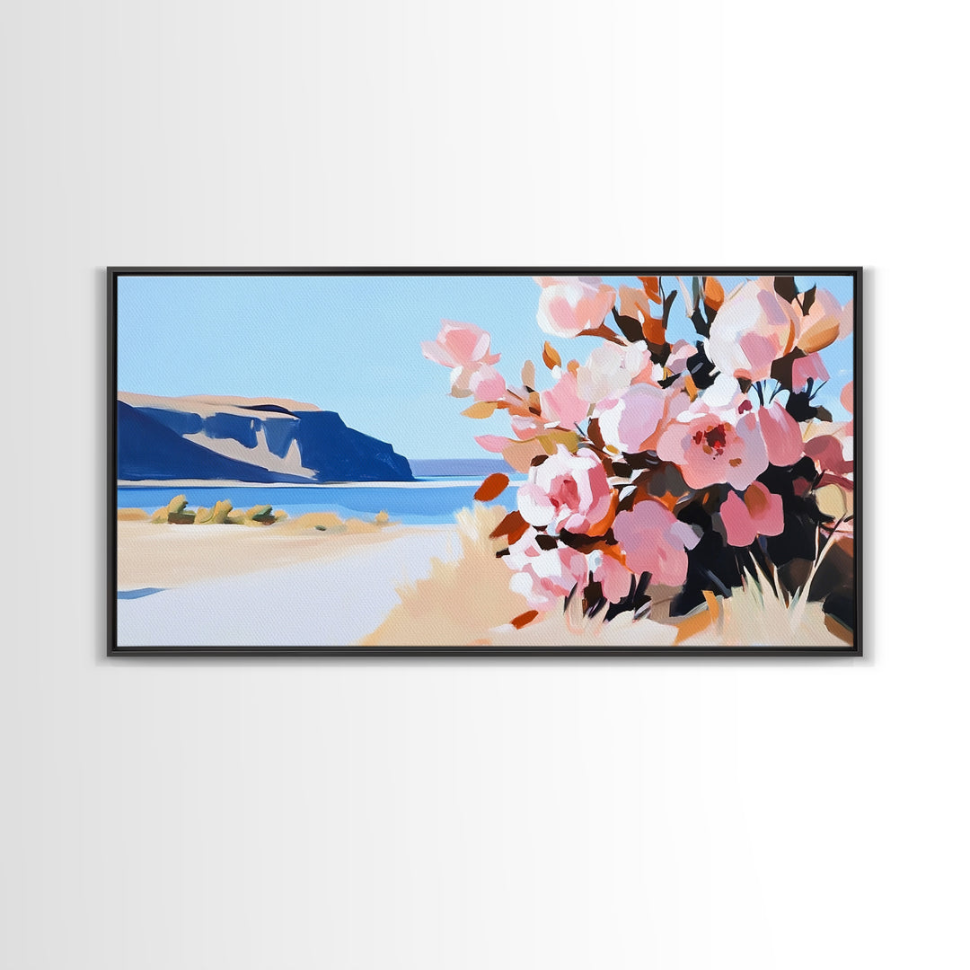 Coastal Flowers, Blue Ocean, Beach Aesthetic, Vibrant Nature Art, Boho Wall Decor, Bedroom Art, Pink Floral Scene, Canvas Print
