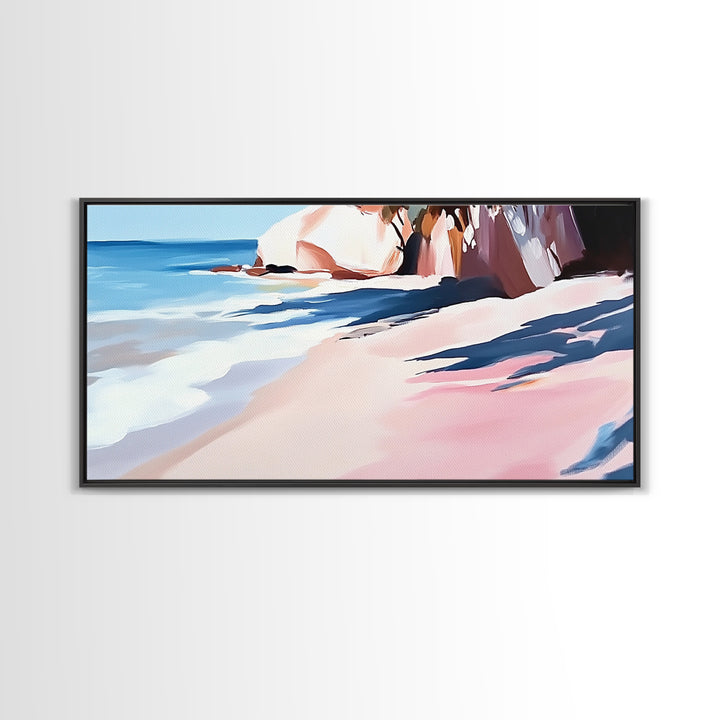 Ocean Shoreline, Rocky Beach, Blue Waves, Canvas Print, Modern Coastal Art, Beach House Decor, Living Room Wall Art, Minimalist Seascape