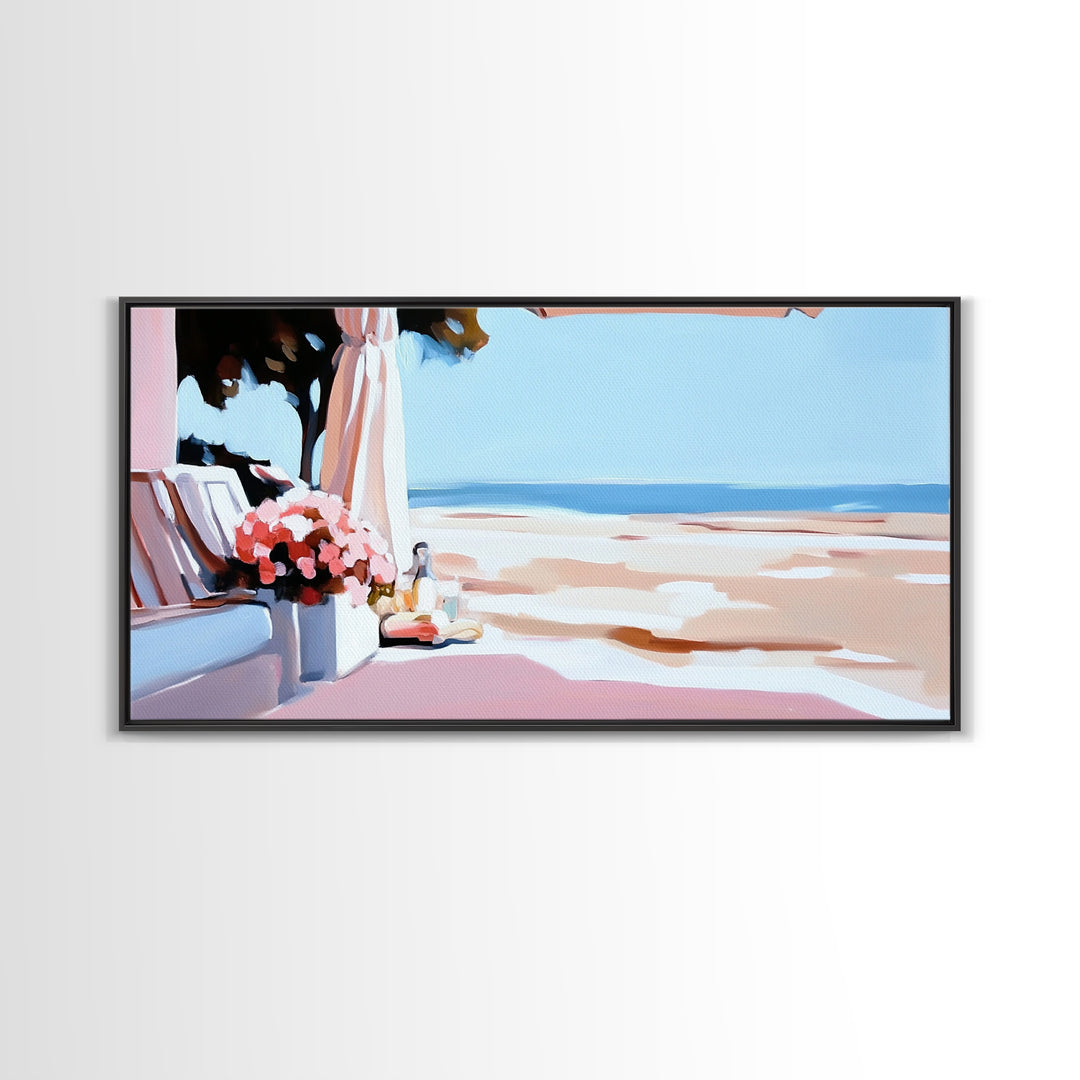 Beachside Terrace, Relaxing View, Oceanfront Art, Canvas Print, Coastal Home Decor, Nautical Painting, Living Room Wall Art, Blue Art