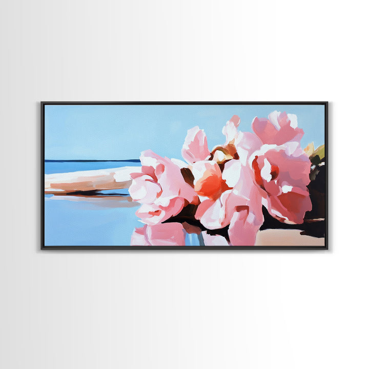 Beach Flowers, Coastal Art, Pink Peonies, Seaside Decor, Framed Canvas Print, Living Room Wall Art, Romantic Art, Boho Aesthetic
