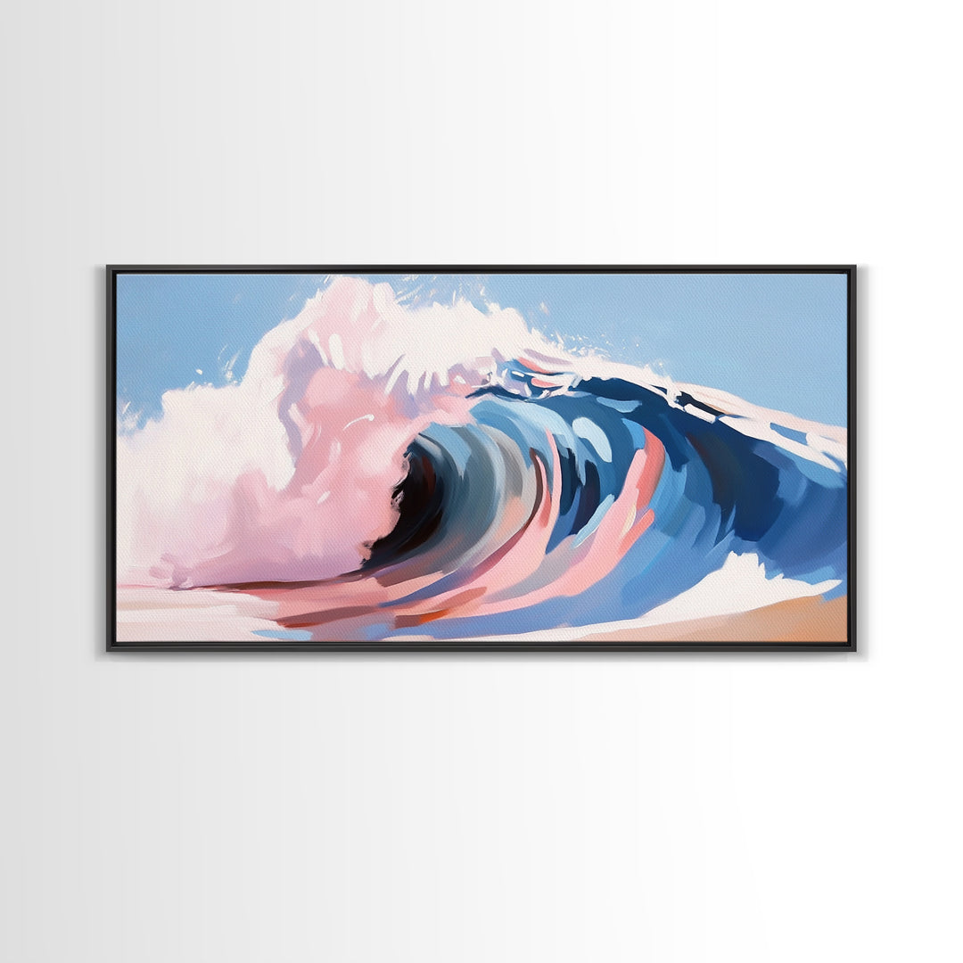 Ocean Wave, Abstract Seascape, Beach Aesthetic, Coastal Home, Canvas Print, Modern Beach House Wall Art, Blue and Pink Waves, Surf Art