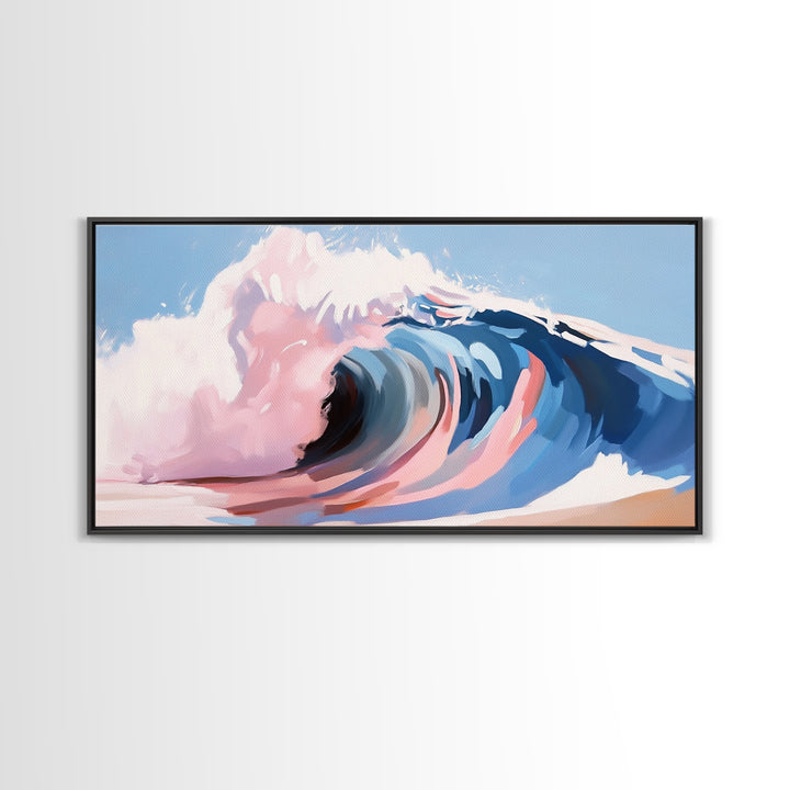 Ocean Wave, Abstract Seascape, Beach Aesthetic, Coastal Home, Canvas Print, Modern Beach House Wall Art, Blue and Pink Waves, Surf Art
