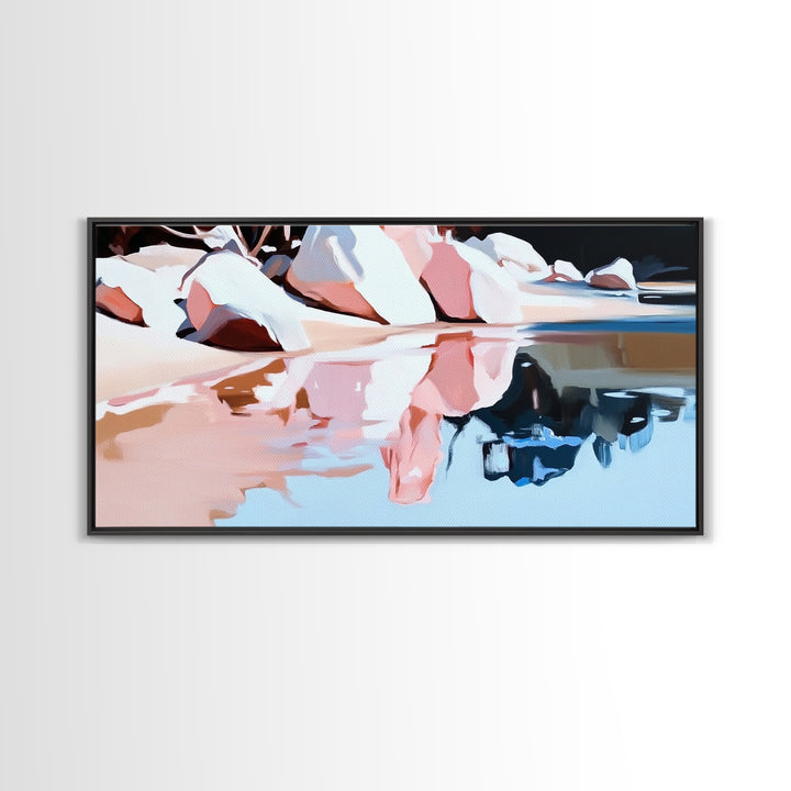 Beach Reflection, Coastal Landscape, Modern Seascape, Minimalist Decor, Framed Canvas Print, Ocean Tranquility, Relaxing Aesthetic