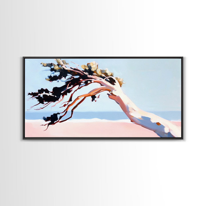 Coastal Tree, Windy Beach, Ocean Breeze, Framed Canvas Print, Minimalist Art, Coastal Wall Art, Living Room Wall Art, Beach House Decor