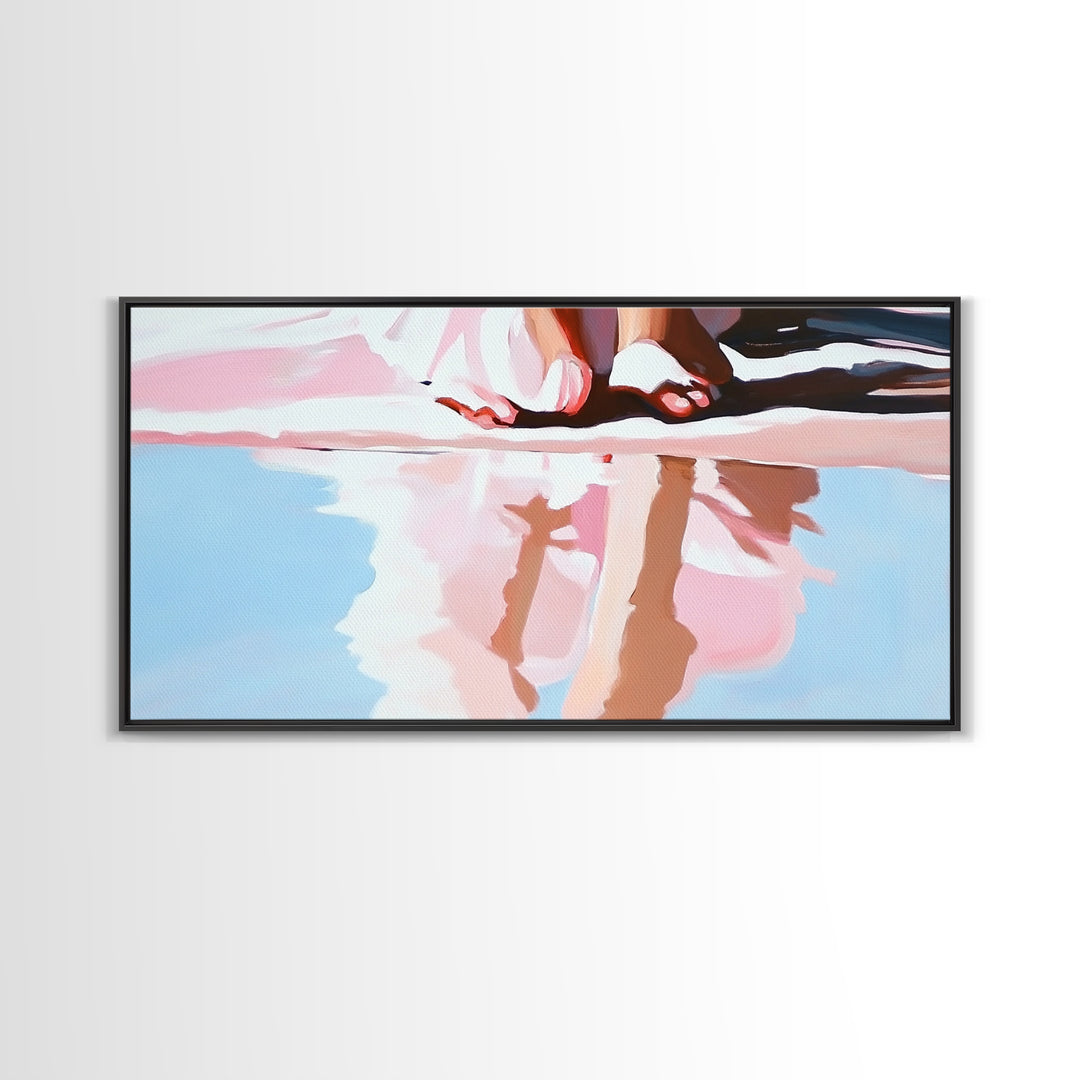 Barefoot Reflection, Sunlit Serenity, Beachside Calm, Framed Canvas Print, Coastal Home Decor, Ocean Art, Dreamy Seascape, Minimalist Aesthetic