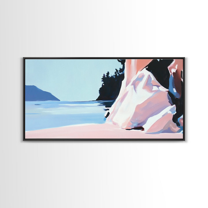 Cliffside View, Tranquil Waters, Framed Canvas Print, Coastal Wall Art, Minimalist Landscape, Serene Home Decor, Blue and Blush Tones