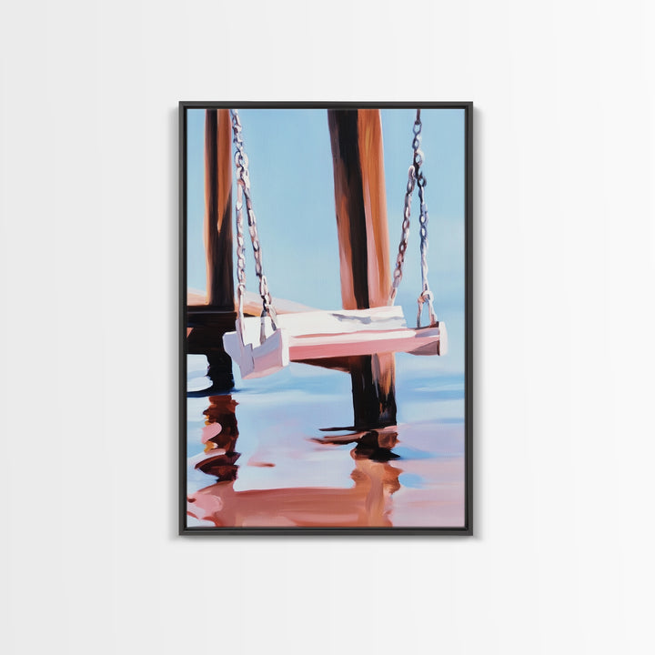 Dock Swing, Reflection Art, Nautical Decor, Relaxing Beach Scene, Minimalist Water Art, Canvas Print, Coastal Wall Art, Rustic Charm