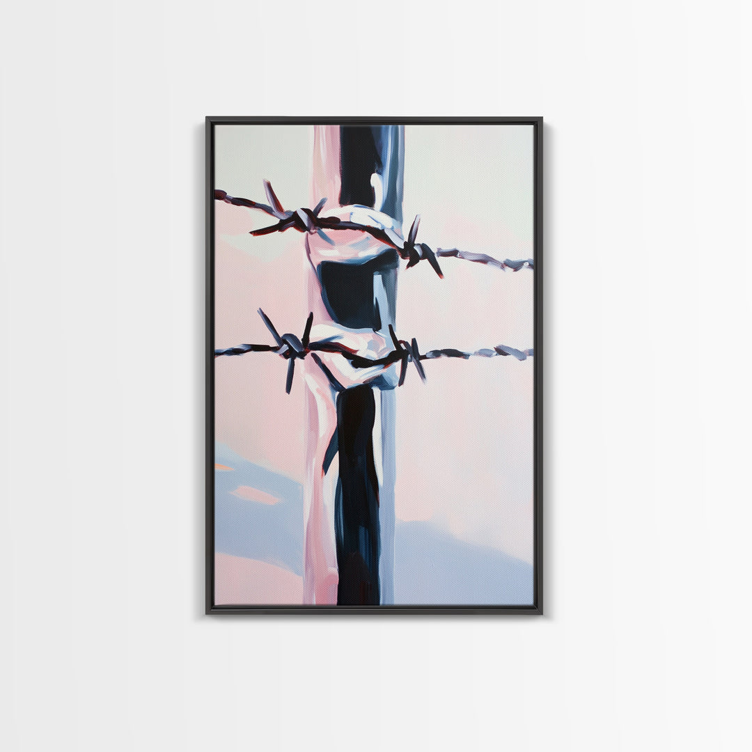 Barbed Wire, Western Art, Minimalist Ranch Style, Rustic Fence, Framed Canvas Print, Modern Wall Art, Cowboy Aesthetic, Bold Home Decor