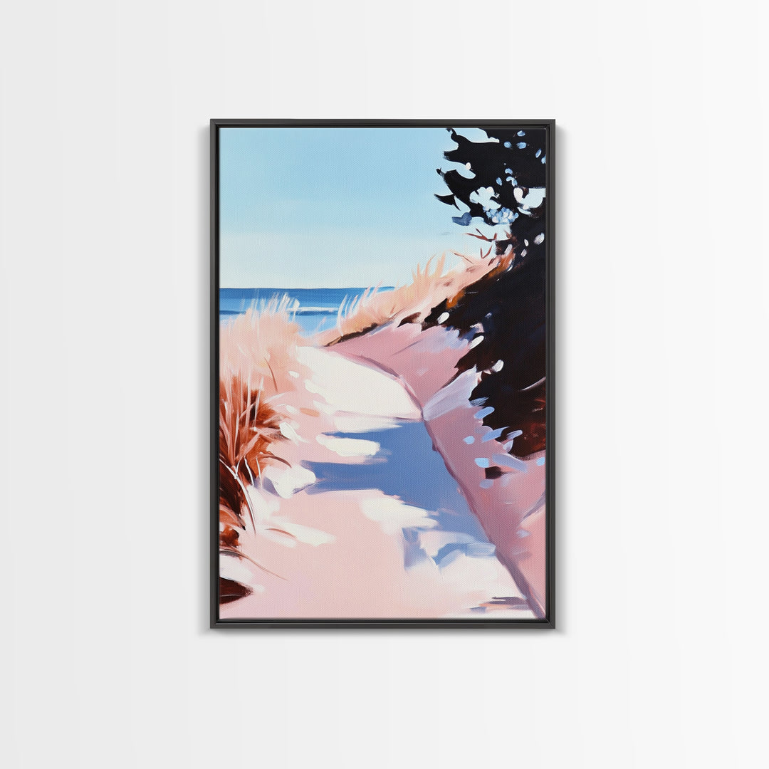 Coastal Dunes, Seaside Pathway, Beach Grass, Tranquil Nature Scene, Canvas Print, Living Room Wall Art, Soft Pastel Landscape