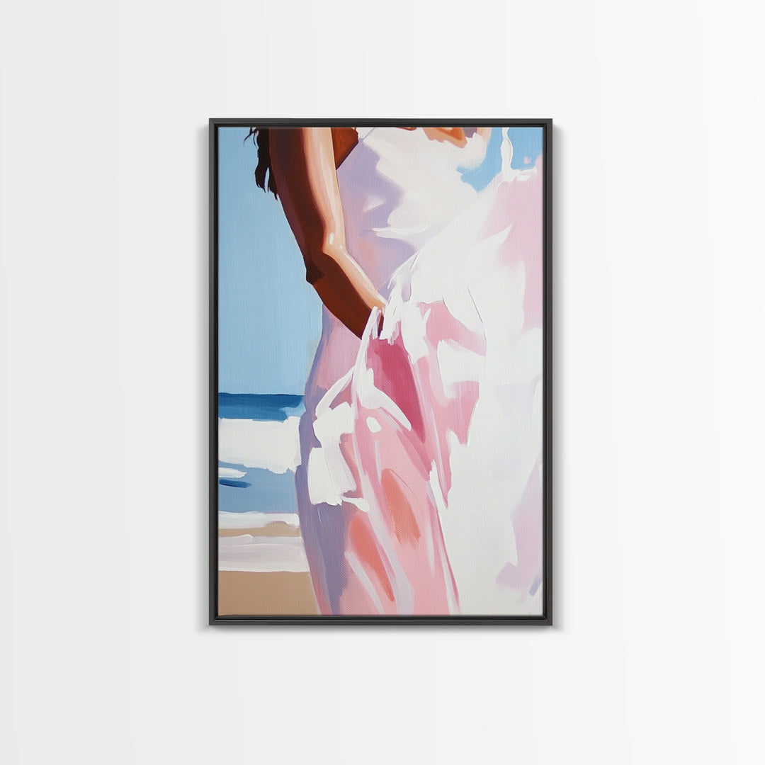 Beach, Dress, Breeze, Feminine, Canvas Print, Minimalist Art, Soft Pastel Art, Bedroom Wall Art, Aesthetic Home Decor, Coastal Wall Hanging