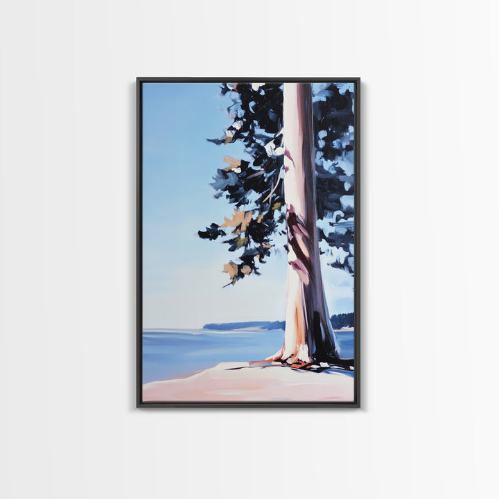 Coastal Tree, Lakeside Art, Tranquil Scene, Framed Canvas Print, Serene Nature Art, Minimalist Landscape, Living Room Wall Art