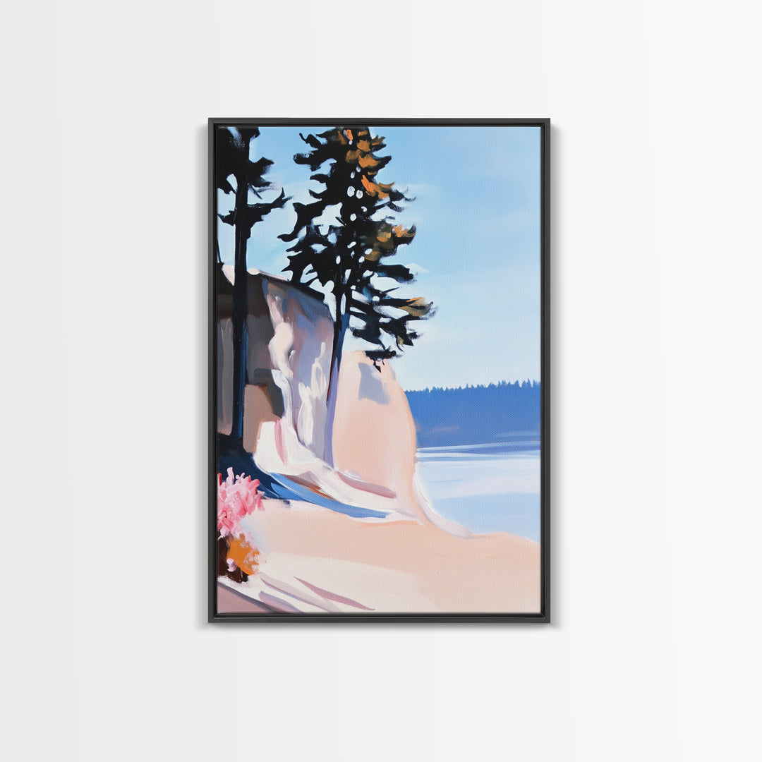 Cliffside View, Coastal Landscape Art, Ocean Breeze, Boho Wall Decor, Minimalist Painting, Relaxing Home Art, Framed Canvas Print, Scenic