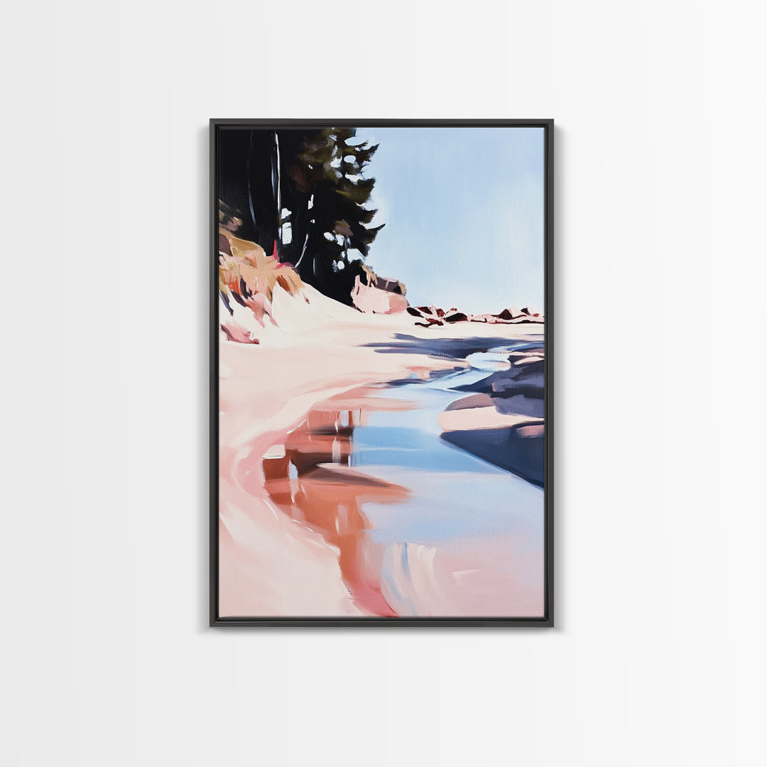 Coastal Forest Scene, Beach Landscape Art, Minimalist Seaside Painting, Framed Canvas Print, Boho Wall Decor, Nature Lover Gift, Bedroom Art