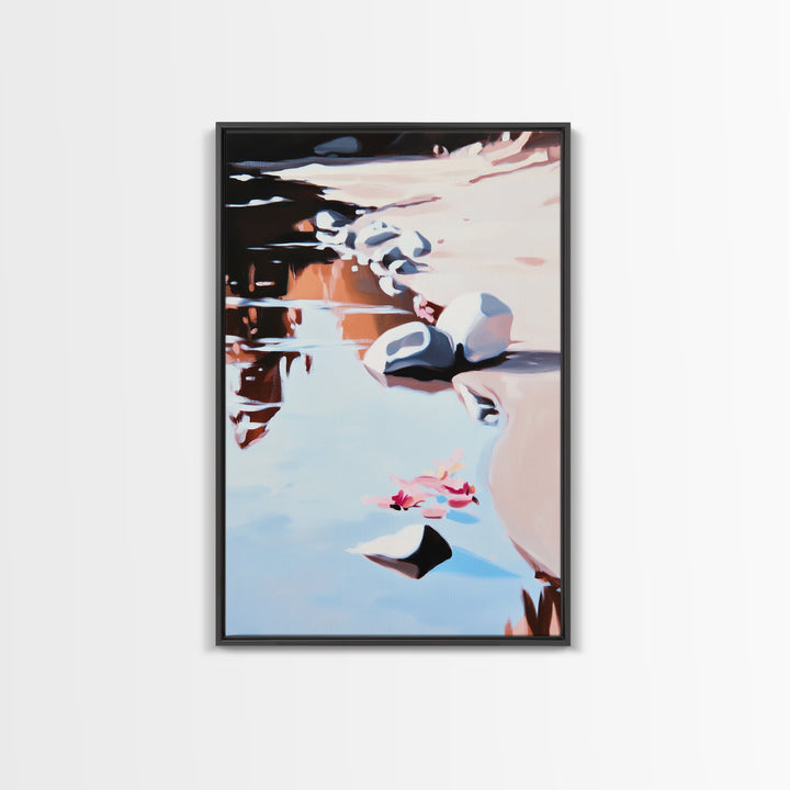 River Rock Art, Abstract Water Reflection, Serene Nature Print, Framed Canvas Print, Boho Landscape, Minimalist Decor, Living Room Art