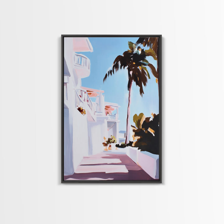 Tropical Balcony View, Palm Tree Painting, Coastal Boho Art, Framed Canvas Print, Mediterranean Aesthetic, Living Room Wall Art, Beach House Decor