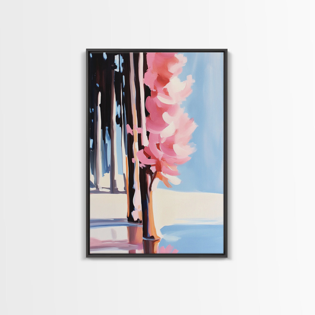 Pink Blossoms, Nature, Floral, Botanical, Spring, Bloom, Elegant, Soft Tones, Romantic, Minimalist, Aesthetic, Framed Canvas Print