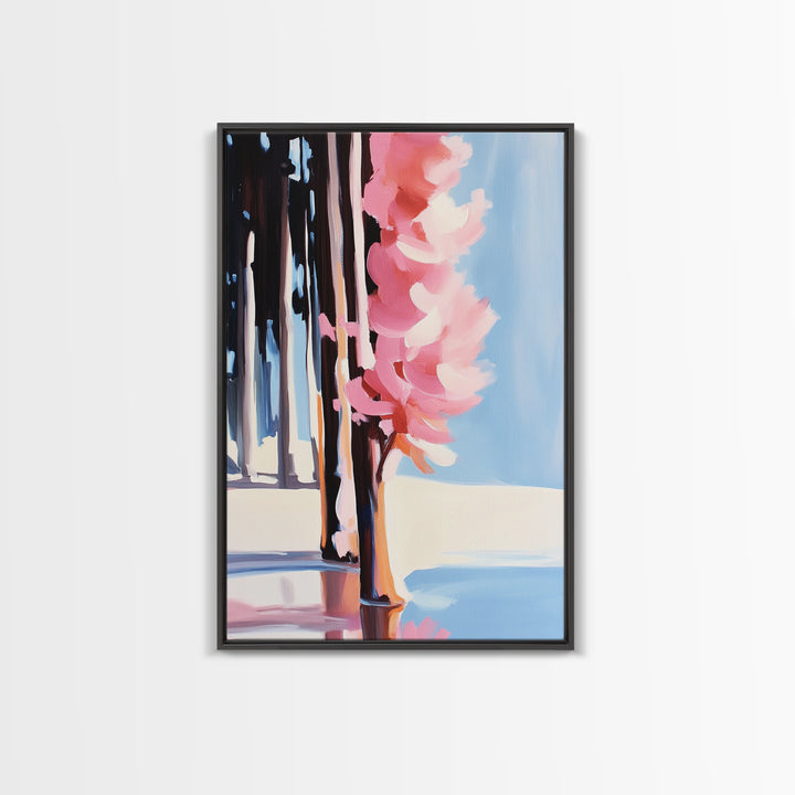 Pink Blossoms, Nature, Floral, Botanical, Spring, Bloom, Elegant, Soft Tones, Romantic, Minimalist, Aesthetic, Framed Canvas Print