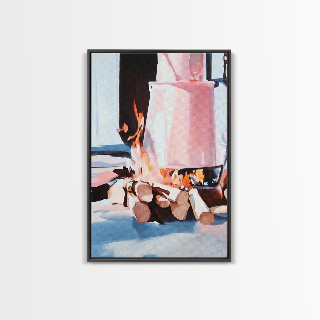 Campfire, Cozy Art, Autumn Decor, Rustic Wall Art, Framed Canvas Print, Cabin Vibes, Warm Aesthetic, Nature Lover Artwork