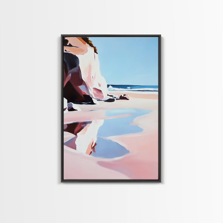 Cliffside Beach, Coastal Retreat, Relaxing Seascape, Ocean View, Soft Pastels, Tranquil Art, Summer Vibes, Framed Canvas Print