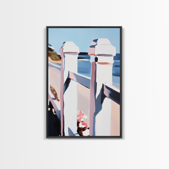 Coastal Railing, Seaside Escape, Nautical Aesthetic, Framed Canvas Print, Beach House Wall Art, Ocean View Decor, Minimalist Blue Art