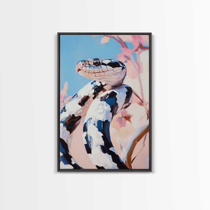 Black and White Snake, Nature Portrait, Wildlife Art, Framed Canvas Print, Jungle Theme Decor, Modern Animal Wall Art, Office Accent