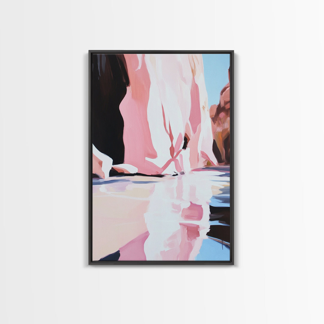 Cliffside Reflection, Coastal Wall Art, Beach House Decor, Blue and Pink Minimalist, Living Room Art, Framed Canvas Print