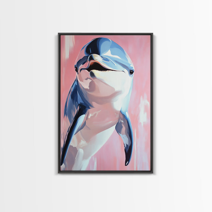 Dolphin Portrait, Ocean Animal Art, Beach House Wall Decor, Coastal Aesthetic, Nautical Art Print, Framed Canvas Print, Pastel Home Decor