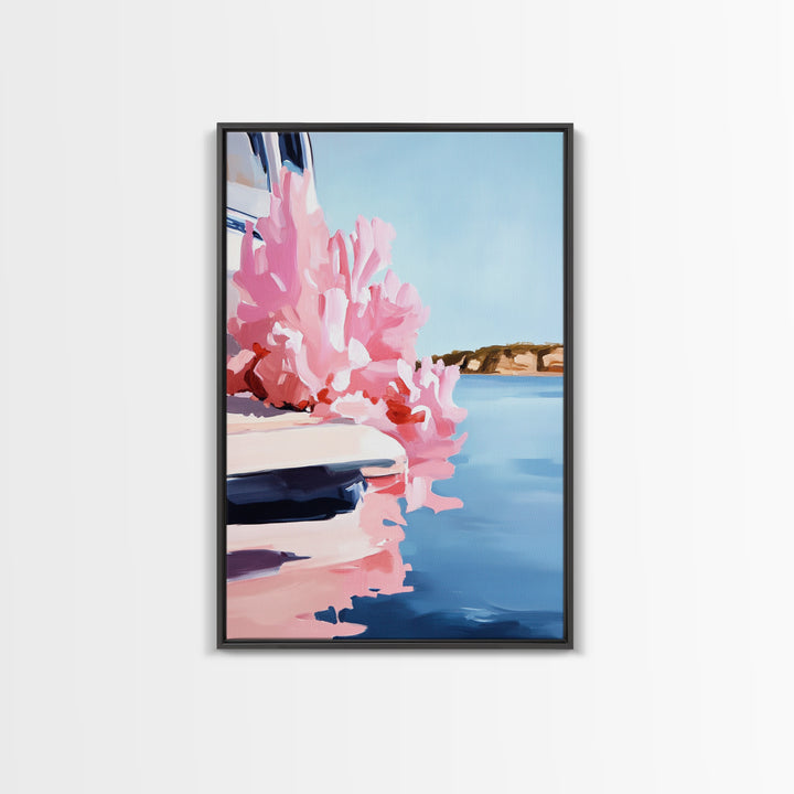 Boat Reflection, Nautical Wall Art, Ocean Painting, Framed Canvas Print, Coastal Living Decor, Modern Seascape, Beach House Artwork