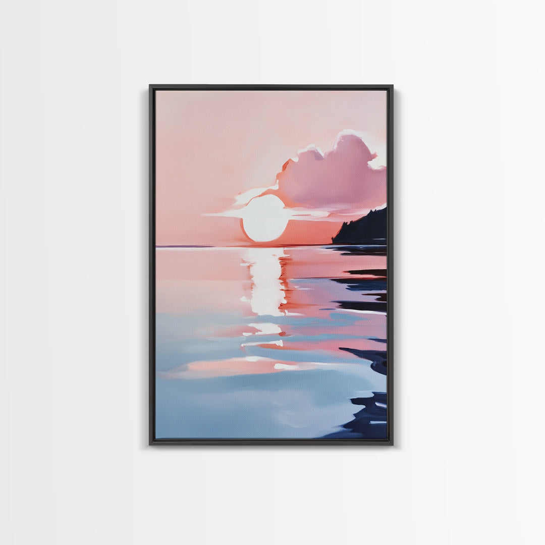 Ocean Sunset, Abstract Seascape Art, Framed Canvas Print, Beach House Wall Art, Modern Coastal Decor, Pink Sky Painting, Bedroom Artwork