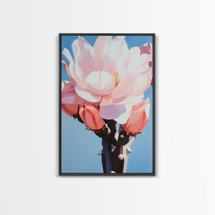 Blooming Cactus, Floral Desert Art, Southwestern Wall Decor, Minimalist Boho Painting, Framed Canvas Print, Pastel Botanical Wall Art