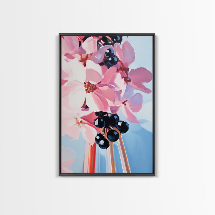 Blooming Flowers, Pink and Blue, Botanical Painting, Soft Aesthetic, Feminine Decor, Floral Home Art, Romantic Wall Art, Canvas Print