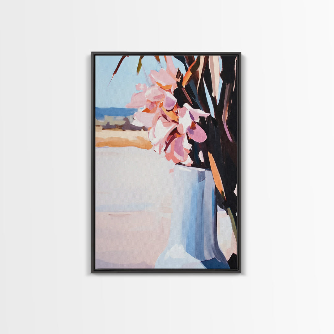 Beach Vase, Coastal Florals, Ocean Breeze, Relaxing Summer Art, Minimalist Aesthetic, Pastel Painting, Living Room Art, Canvas Print