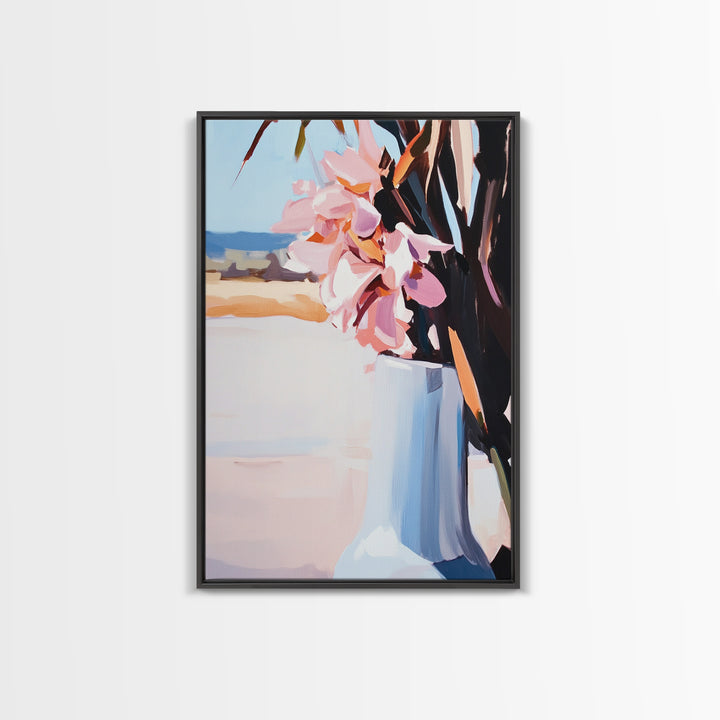 Beach Vase, Coastal Florals, Ocean Breeze, Relaxing Summer Art, Minimalist Aesthetic, Pastel Painting, Living Room Art, Canvas Print