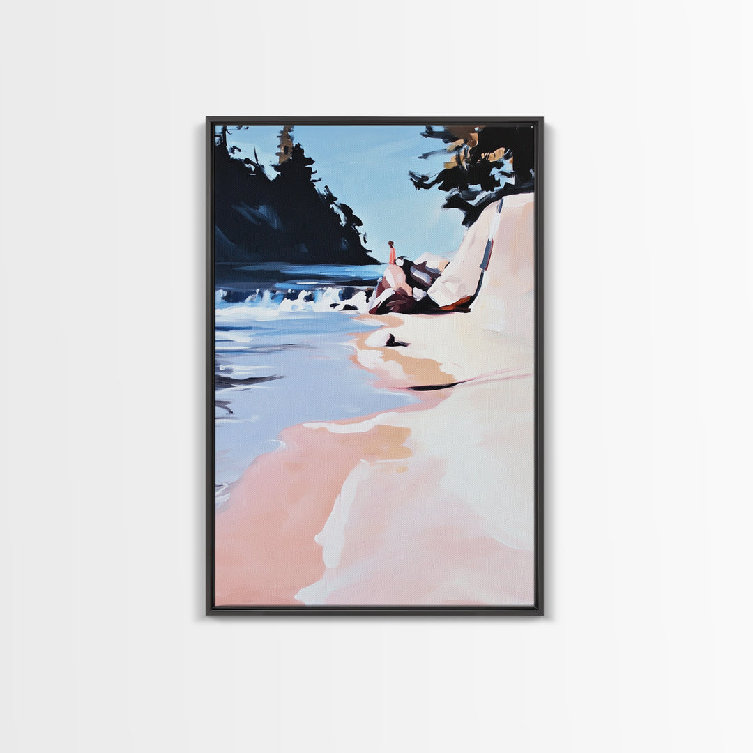Coastal Escape, Beach Serenity, Soft Ocean Art, Tranquil Nature Scene, Summer Home Decor, Relaxing Wall Art, Framed Canvas Print