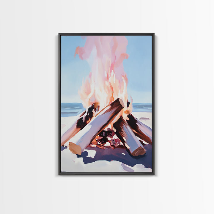Beach Bonfire, Cozy Fire, Coastal Scene, Canvas Print, Warm Tones, Nautical Decor, Living Room Wall Art, Relaxing Nature Aesthetic