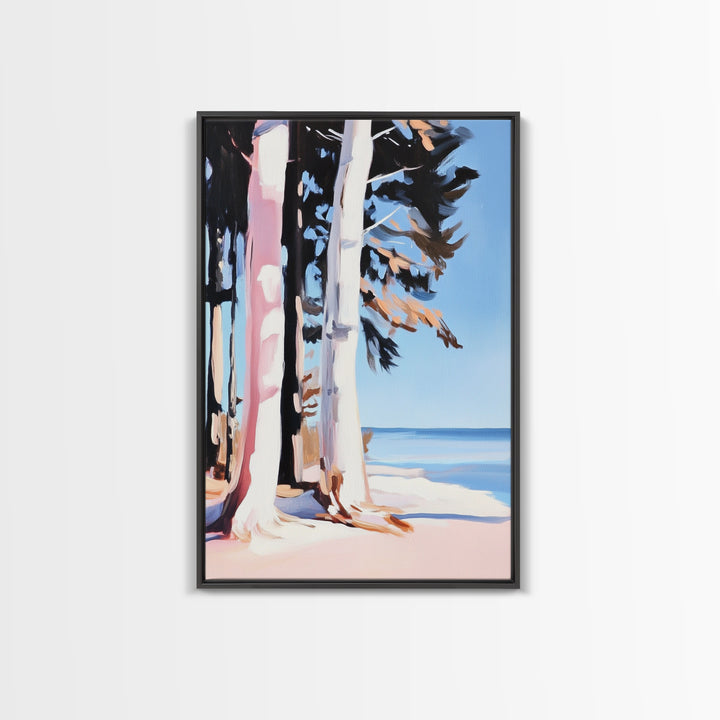 Birch Trees, Lakeside Forest Art, Nature Landscape Print, Framed Canvas Print, Rustic Cabin Decor, Modern Minimalist Wall Art