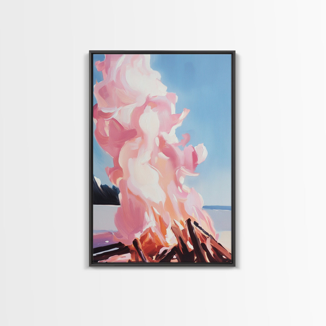 Billowing Smoke, Blazing Flames, Sunset Glow, Framed Canvas Print, Abstract Nature Art, Rustic Living Room Decor, Cozy Cabin Wall Art