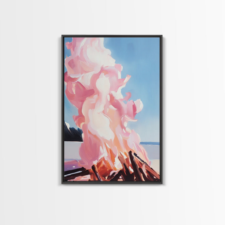 Billowing Smoke, Blazing Flames, Sunset Glow, Framed Canvas Print, Abstract Nature Art, Rustic Living Room Decor, Cozy Cabin Wall Art